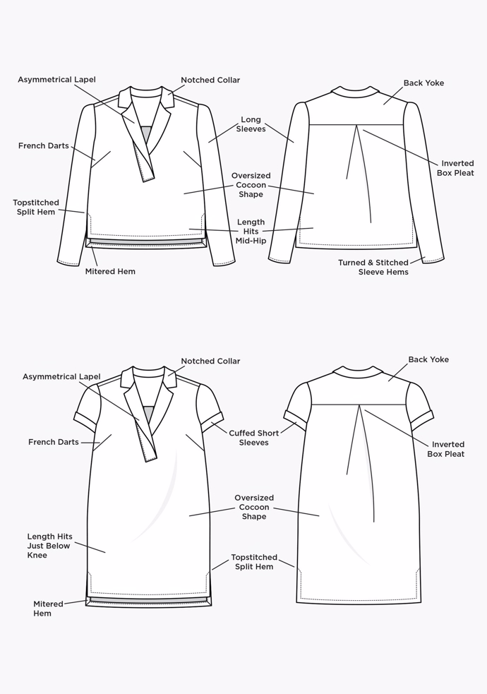 Symønster til kjole og bluse med asymmetrisk krave og slidser