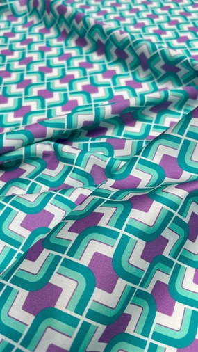 Deadstock bomuld med lilla/turkis retro print