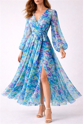 Kjole i silke georgette med akvarelblomster i klare farver